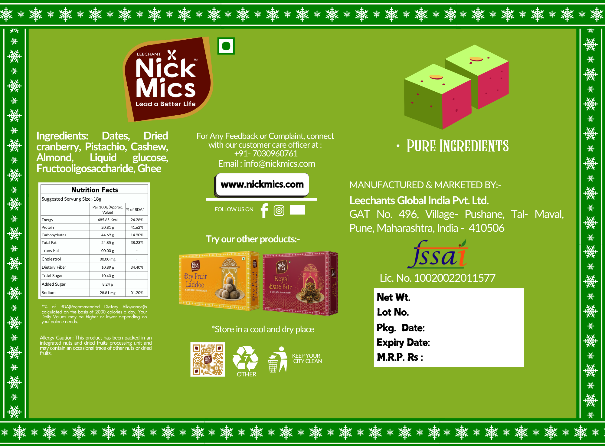 Nickmics Cranberry and Pista Bite 250gm